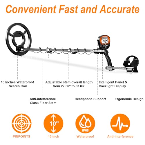 Metal Detector for Adults Professional, Higher Accuracy Gold and Silver Detector, Metal Detector Waterproof Pinpoint, Bigger LCD, 5 Mode, 10" IP68 Coil, New Advanced DSP Chip, Orange