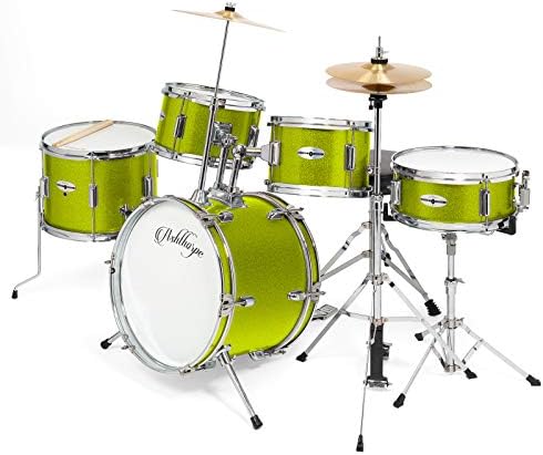 Ashthorpe 5-Piece Complete Kid's Junior Drum Set with Genuine Brass Cymbals - Children's Professional Kit with 16" Bass Drum, Adjustable Throne, Cymbals, Hi-Hats, Pedals & Drumsticks - Green