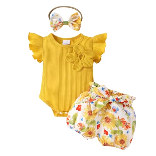 Image of Tiny Cutey Baby Girl Clothes Infant Summer Outfits Set Ruffle Sleeve Romper and Floral Shorts with Headband