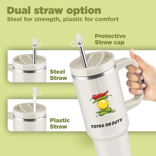 Image of MILTON Malmo 1200 Thermosteel Double Wall Vacuum Insulated Stainless Steel Tumbler with Handle 1100ml, Travel Mug with Straw,Silicon Cap,Cleaning Brush,Hot & Cold Beverage Flask,Totka Cream