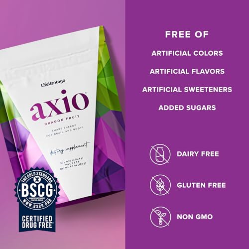 Image of LifeVantage AXIO Regular Energy Drink Powder, Nootropic Supplement, Focus & Mood Support, with L-theanine, Green Tea, B Vitamins, DMAE, Quercetin & Pine Bark, Dragon Fruit, 30 Packets