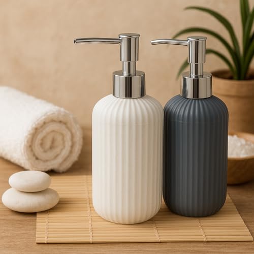 Image of LAGET 300ml Soap Dispenser for Wash Basin -Ribbed Design | Kitchen and Bathroom Accessories Items | Liquid Handwash Dispenser Bottle Chrome Finsih Top- Set of 2 (White and Metallic Blue)