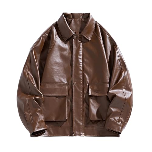 GUOYUXIAO Chaqueta de cuero para hombre, chaqueta corta de moto americana de primavera y otoño-Brown-XL