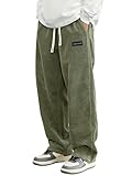 Hidkat Mens Corduroy Casual Pants Fashion Loose Fit Wide Leg Pants Straight Sweatpants Elastic Waist Drawstring Light Green