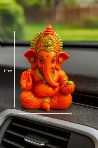 Image of ZYROO Lord Ganesha Idol for Home Temple | 10 cm Ganpati Murti for Pooja, Office Desk & Car Dashboard | Polyresin Ganesh Statue for Vastu, Meditation & Gift Decorative Statue, Orange and Gold