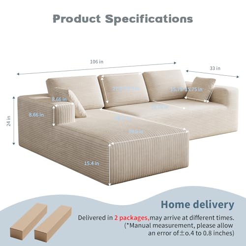 Image of 106 inch Corduroy Sectional Couch, Boneless L Shaped Couch with Deep Seat, Cloud Foam Sofa with Oversized Chaise, Sectional Sofa No Assembly Needed for Living Room
