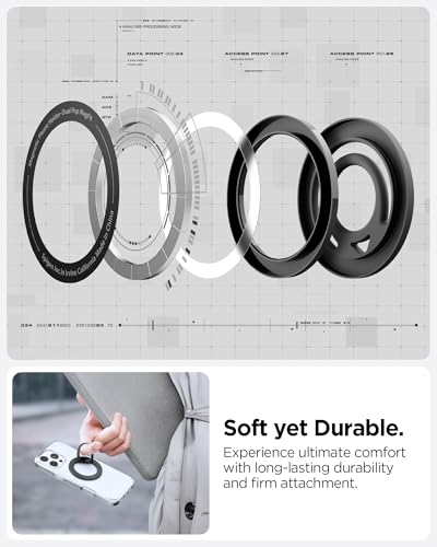 Image of Spigen Dual Pop Magsafe Ring Holder, Double Sided Magnet with Finger Loop Grip Compatible with iPhone 17 /16 /15 /14 /13 /12 Models, Pixel 10 Series [Soft Silicone Texture] [Strong Magnet] - Black
