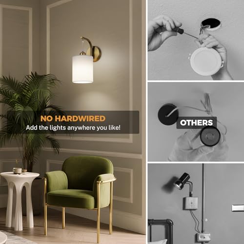 Image of Battery Operated Wall Sconce Set of Two, Pleated Fabric Rechargeable Wireless Wall Sconces with 13000mAh Bulb & Dimmable, Battery Sconces Wall Light Decor Set of 2 for Living Room, Gold