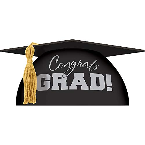 Mortarboard Cake Toppers Black, Silver & Gold Plastic Graduation Caps with Elegant Fabric Tassels - 3.375 x 7.44