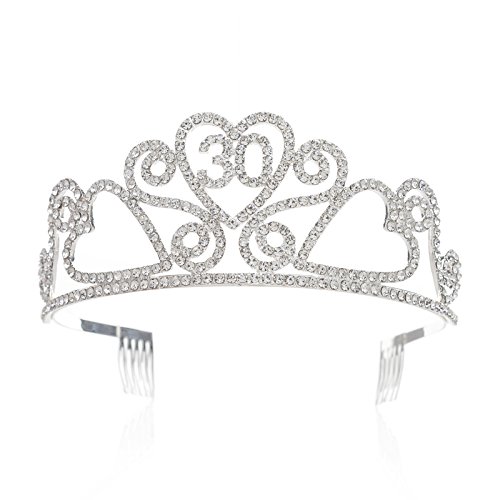 SWEETV Rhinestone Tiara Birthday Crown Princess Party Hat Hair Accessories 15/16/18/21/30/40/50/60/70th Birthday Gift, 30th