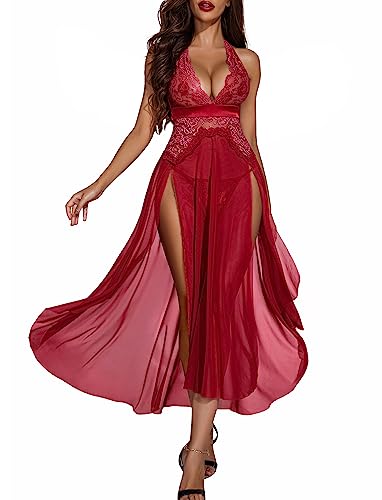 Avidlove Nachthemd Damen Sexy Babydoll Kleid Lang Negligee Spitze Unterkleid Curvy Nachtkleid Weinrot XXL