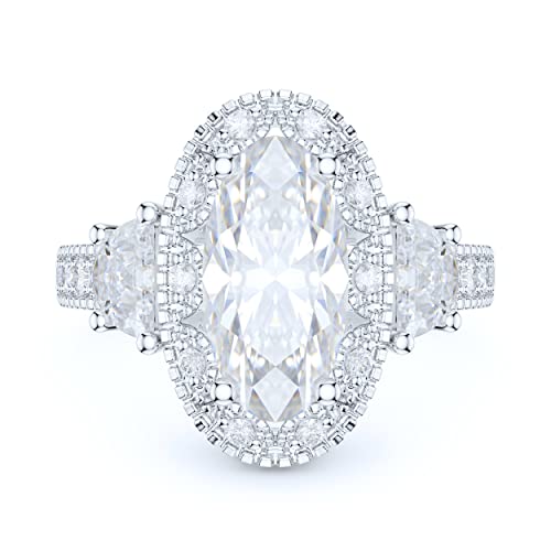 Sterling Silver Vintage Milgrain 3CT Simulated Oval Cut & Half Moon Stone Diamond Halo Engagement Ring2