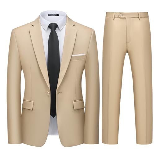 WULFUL Mens 2 Piece Slim Fit Suit Set One Button Blazer Jacket Pants Tuxedo Set for Party Wedding and Business Champagne