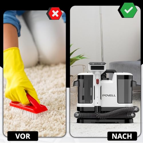Powell Fleckenreiniger – Polsterreiniger-Gerät & Nasssauger, 450 W, 13.000 Pa, schnelltrocknend – ideal für die tägliche Tiefenreinigung von Treppen, Sofas, und Hartböden – mit Haustier-Aufsatz – Weiß