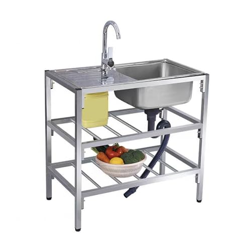 Fregadero de cocina de acero inoxidable, fregadero de una sola cubeta con estantes de almacenamiento para uso en interiores y exteriores