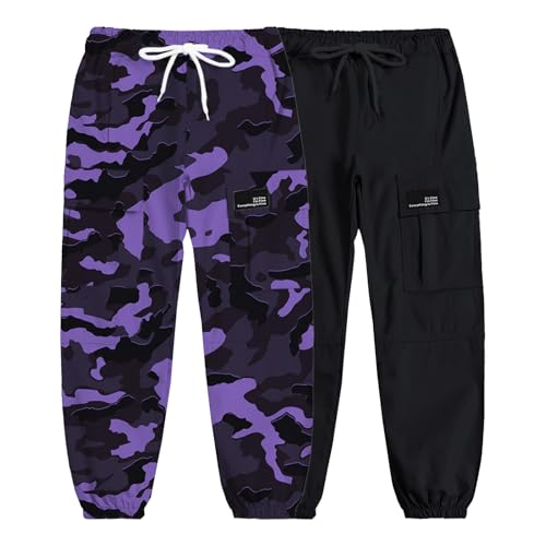 Cromoncent Girls&Womens 2 Packs Cargo Pants Elastic Waist Lightweight Outdoor Jogger Pants 6 Years-XX-Large