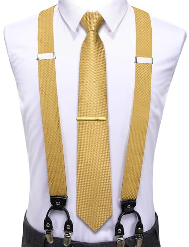 Image of Hi-Tie Men's Suspenders and Tie Set Silk Adjustable Elastic Y Braces with Strong 6 Clips Pocket Square Set