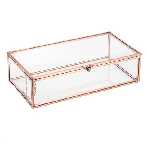 Hipiwe Glass Keepsakes Display Box Jewelry Organizer Box with Lid Decorative Glass Box Clear Rectangle Storage Box for Trinket Perfume Collection Gift for Birthday Anniversaries,Rose Gold Large