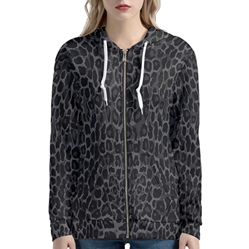 Irisjudy Black Leopard Print Women's Basic Full Zip Hoodies With Pocket, Animal Texture Hoody Sport Coat Thin Cardigans - Ideal For Cool Fall #TOP2