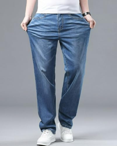 Jeans Pants Trouser Denim Large Size Thin Stretch Fat Plus Trendy Casual Washed Blue Loose Straight Leg for Men4