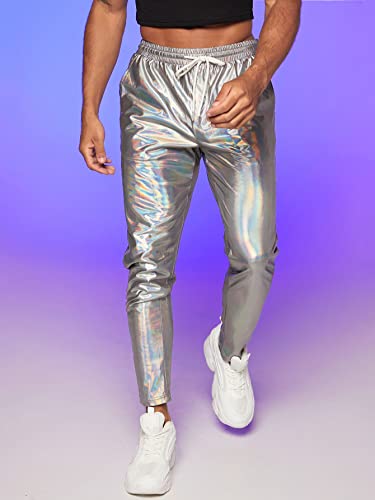 WDIRARA Men's Metallic Drawstring Waist Holographic Party Club Pants with Pockets3