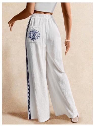 MakeMeChic Women's Embroidery Wide Leg Pants Contrast Binding High Waisted Trousers4