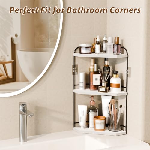 Image of Corner Bathroom Counter Organizer, 3-Tier Wood Countertop Organizer | Skincare Organizers for Vanity, Makeup Storage, Counter Corner Shelf for Kitchen, Bathroom, Dresser, White