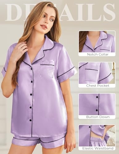 Image of Silk Pajamas for Women Short Sleeve Sleepwear Soft Button Down Loungewear 2 Piece Satin Pjs Shorts Set S-XXL
