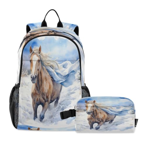 Sac à dos cheval de course aquarelle avec sac à lunch pour élève