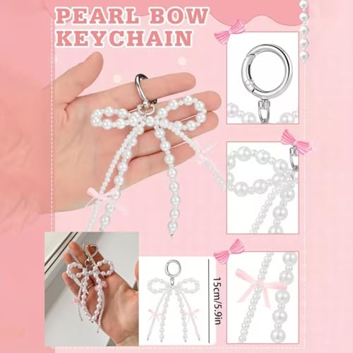 Image of Phone Charm with Beaded Chain | Acrylic Phone Strap for Mobile Keys & Bags | Decorative Wrist Strap | Lanyard Charms | Keychain Accessory for Women Girls (Pink-Bow-Pearl)