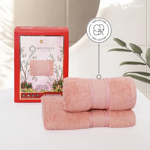 Image of BOUTIQUE LIVING Nature Bouquet (Rose Fragrance) 100% Cotton 525 GSM Pink Hand Towels - Pack of 2