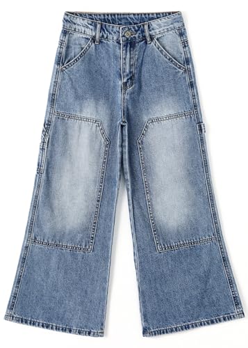 KIDSCOOL SPACE Girls' Wide-Leg Jeans, Elastic Band Inside Big Patchwork Flared Denim Pants