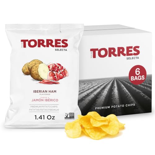 TORRES Selecta Iberian Ham Gourmet Potato Chips - Snack Size Small Batch Artisan Kettle Chips - 1.41 oz. (Pack of 6)