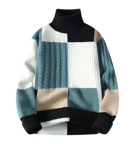 Men's High Neck Sweater Patchwork Knitwear Pullover Loose Fit Casual Winter Outfit Warm Long Sleeve Top