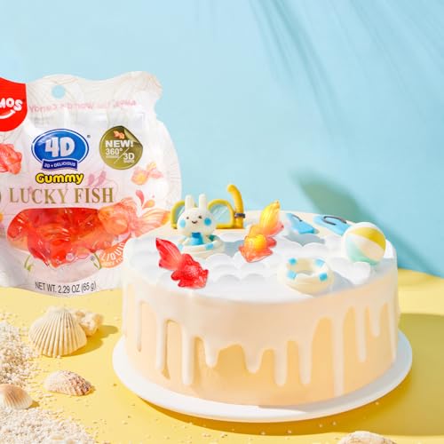 Amos 4D Gummy Lucky Fish Candy -3pk, 3D Goldfish-Shaped Gummies with Mango & Peach Juice, 65g per Bag, Gluten-Free Snack