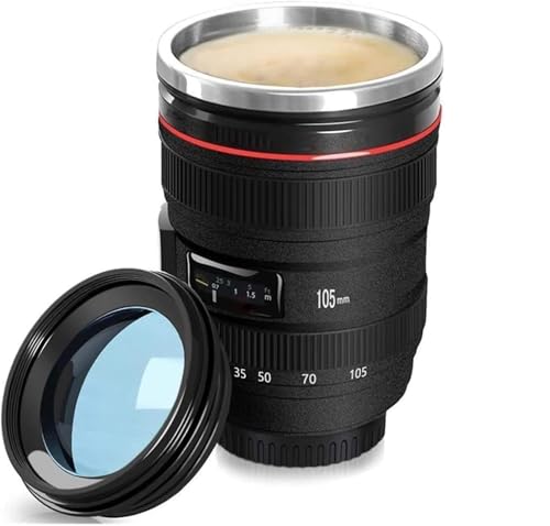 Camera Lens Coffee Mug 350ml Tumbler with Transparent Lid,Black