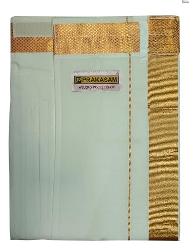 Image of PRAKASAM COTTON Velcro Pocket Dhoti for men, 2 inch Jari Border Mundu, Readymade Dhoti for men, South Indian Veshti