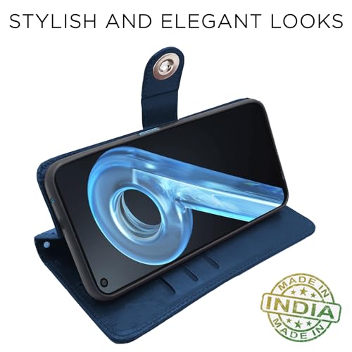 Image of Pikkme Realme 9i Flip Cover Leather Finish | Inside TPU with Card Pockets | Wallet Stand and Shock Proof | Complete Protection Button Flip Case (Blue)