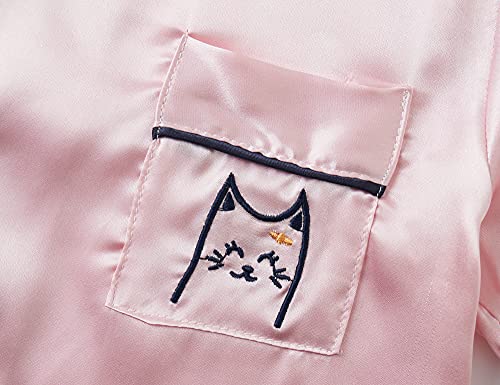 Little & Big Girls Pajama Set Size 10 - Satin Silky Cute Cat Summer Shorts Outfit Pink #TOP3