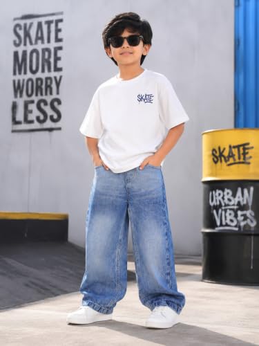 Image of KiddoPanti Boys Baggy Jeans | Stretch Denim Wide Leg Jeans | Elastic Waist Casual Denim Pants | Cotton Blend Loose Fit with 4 Pockets | Kids Street wear | 2-14 Years
