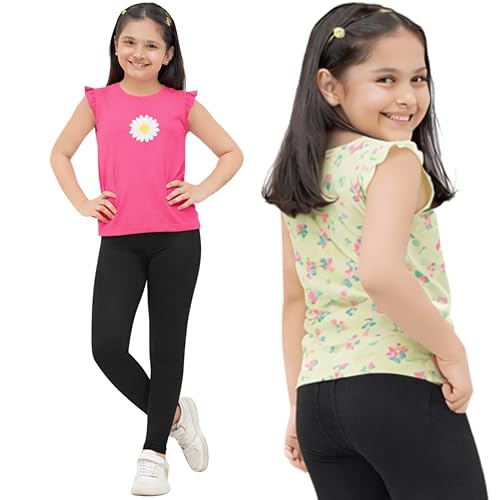Image of Kids Girls Cotton Yoga Legging Pants | Cotton-Blend| Soft Bio-Washed Fabric | 4-Way Stretch | Mid Rise Slim Fit | Durable, Breathable & No Polyester | Ankle Length