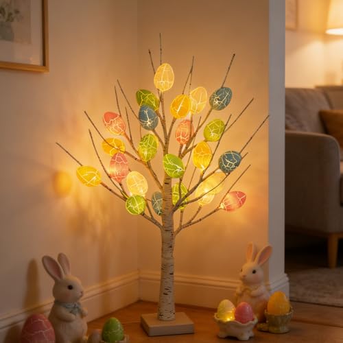 Easter Decorations Easter Egg Tree for Home Decor Lighted Tabletop Tree with 24 Multicolor Painted Eggs Artificial Tree Decor for Spring Party Bedroom Classrooms