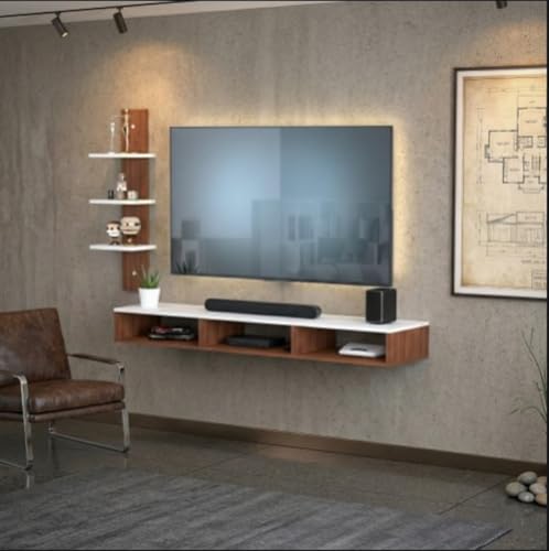 Image of 32 inches Broad Based Engineered Wood Wall Mount TV Entertainment Unit with Single Pillar Decor Shelves, Best Suits 42 inches tv