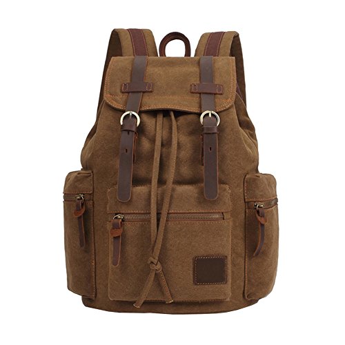 VRIKOO Unisex Casual Canvas Leather Backpack Shoulder Laptop Bag Daypacks for School Travel (Khaki)