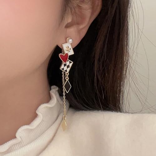 Red Heart Earrings Poker Card Dangle Earrings for Women Asymmetric Clock Drop Earring Card Queen Costume Accessories2