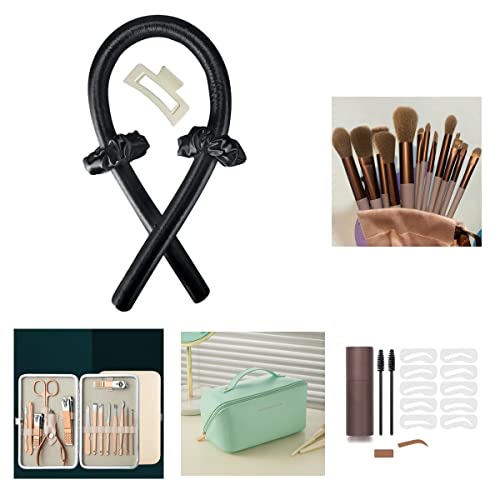 The Most Popular 5 Pcs Set, Heatless Hair Curling Wrap Kit, Stainless Steel Nail Clipper Set, Makeup Brush Set, Eyebrow Stamp Stencils Kit And Large Capacity Travel Cosmetic Bag For Great Gift Idea #TOP5
