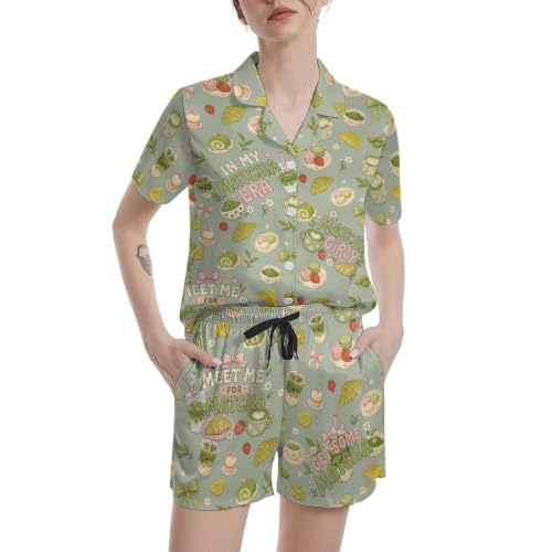Image of Funny Pajamas for Women Set Print Satin Loungewear Pjs Short Sleeve Button Down Top and Shorts Sets Sleepwear XS-3XL