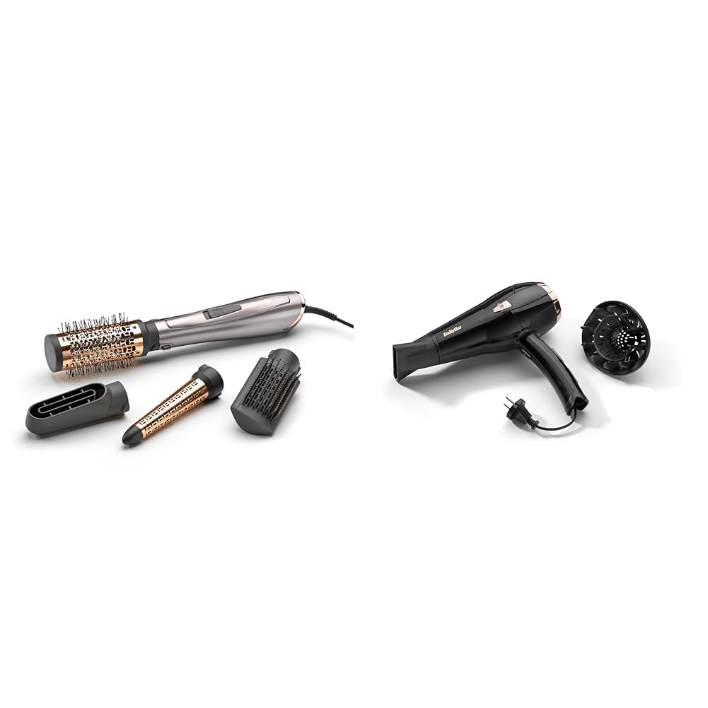 BaByliss Air Style 1000 Warmluftbürste mit Ionen-Technologie, 4 Aufsätze, AS136E, 1 Stück (1er Pack), Silber-Roségold & Cordkeeper 2000 Ionic-Haartrockner D373E, 2000 Watt schwarz