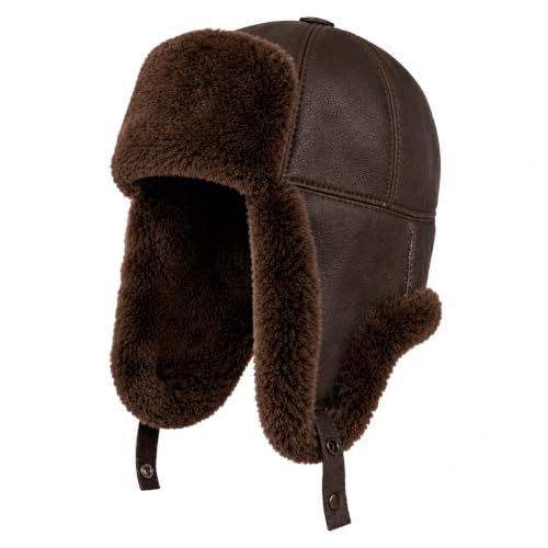 Image of Leather Aviator Russian Ushanka Trapper Shearling Sheepskin Fur Ear Flap Waterproof Winter Hat