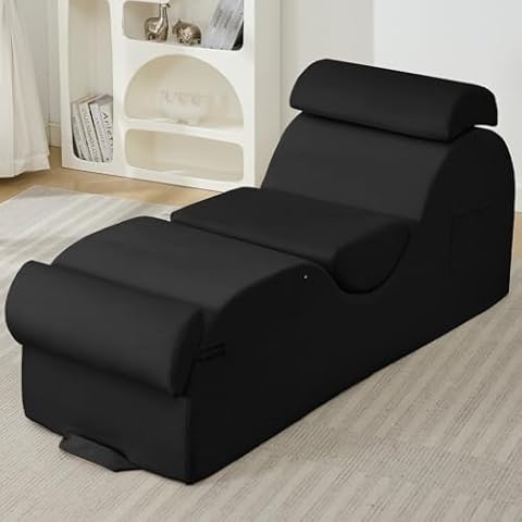 ijuicy Sleek Chaise Lounge Chair for Yoga/Exercise, Yoga Chaise/Lounger Indoor with Headrest,Waist Cushion,Movable Footrest,Side Pockets,Non-Slip Bottom, Yoga Chair-High Density Sponge, Black Cover